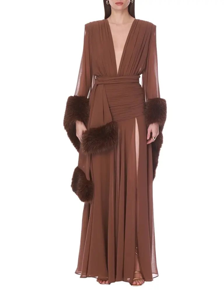 Women's Silk & Faux-Fur Self-Belt Gown Women's Silk & Faux-Fur Self-Belt Gown