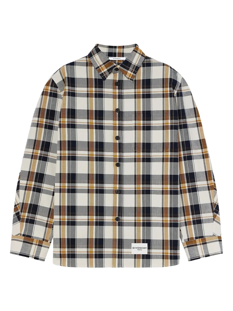 Men's Couture Seam Checked Overshirt in Cotton - White Brown