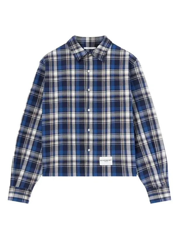 Givenchy Men's Cropped Checked Shirt in Cotton - Blue Beige