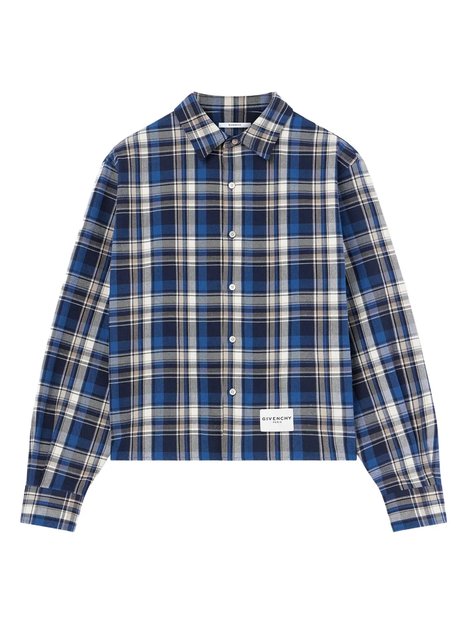 Givenchy Men's Cropped Checked Shirt in Cotton - Blue Beige