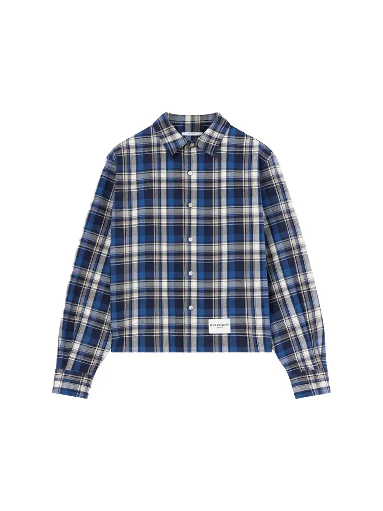 Men's Cropped Checked Shirt in Cotton - Blue Beige