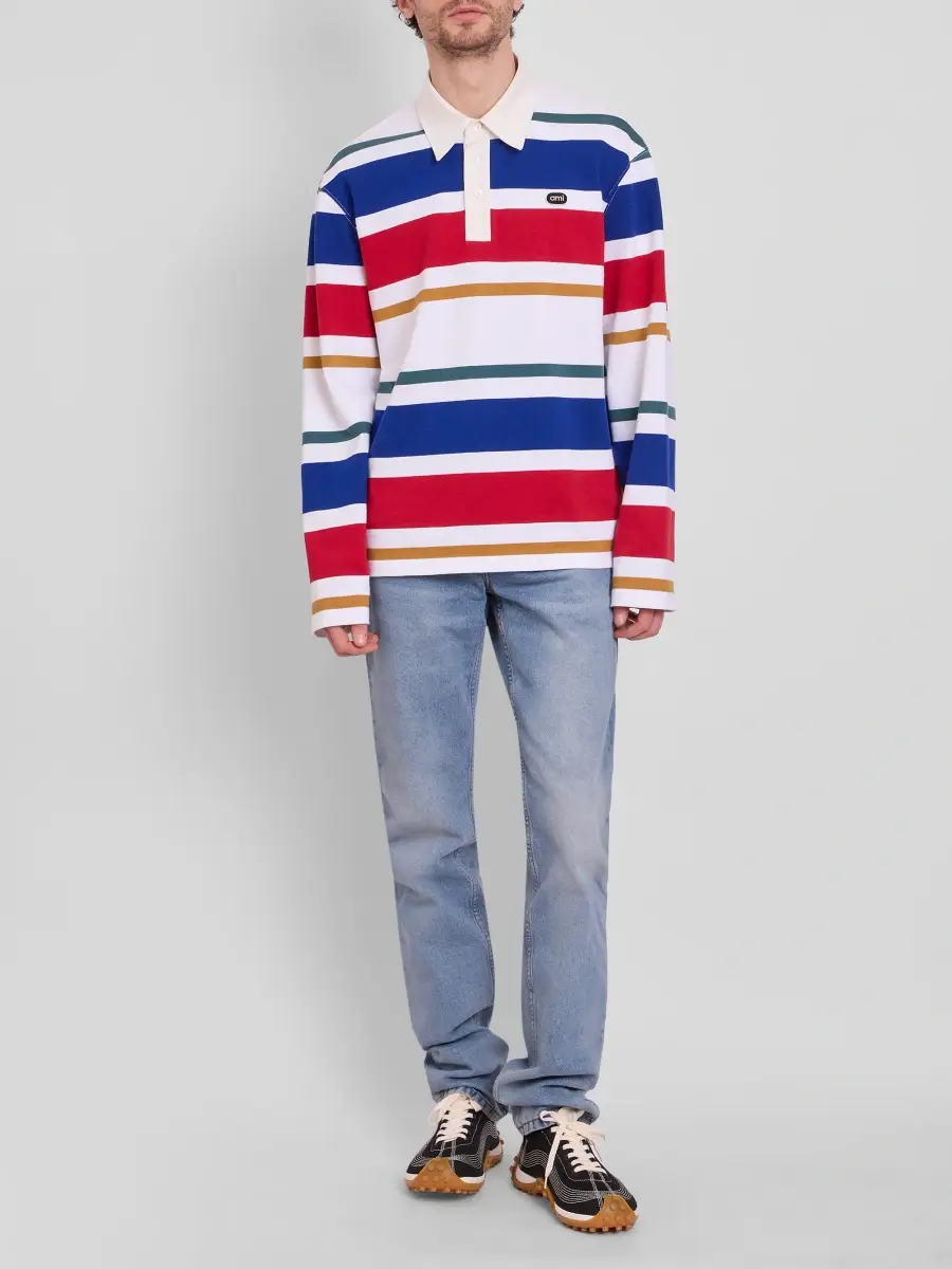 AMI PARIS Men's Ami Bouclette Oval Patch Stripe Polo | Thumbnail 2 AMI PARIS Men's Ami Bouclette Oval Patch Stripe Polo | Thumbnail 2