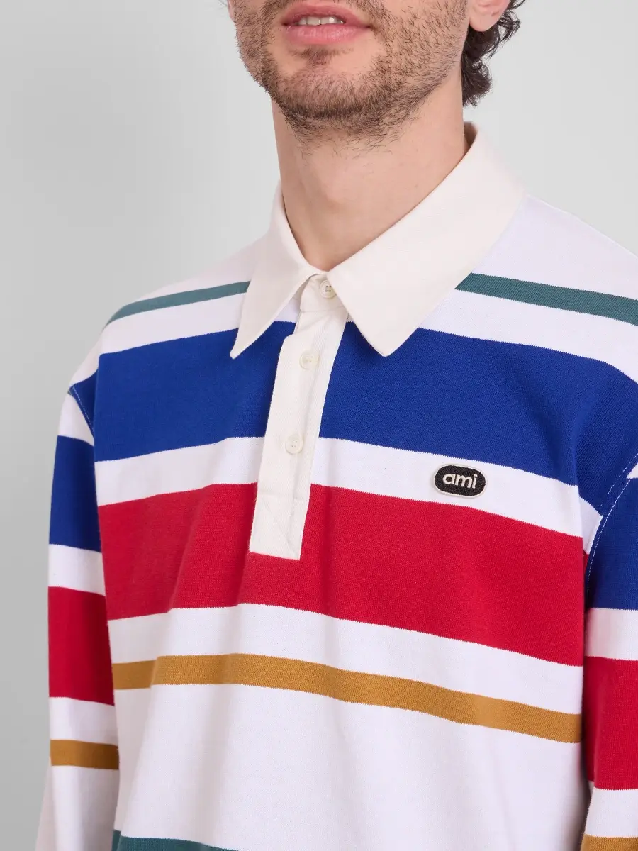 AMI PARIS Men's Ami Bouclette Oval Patch Stripe Polo | Thumbnail 5 AMI PARIS Men's Ami Bouclette Oval Patch Stripe Polo | Thumbnail 5