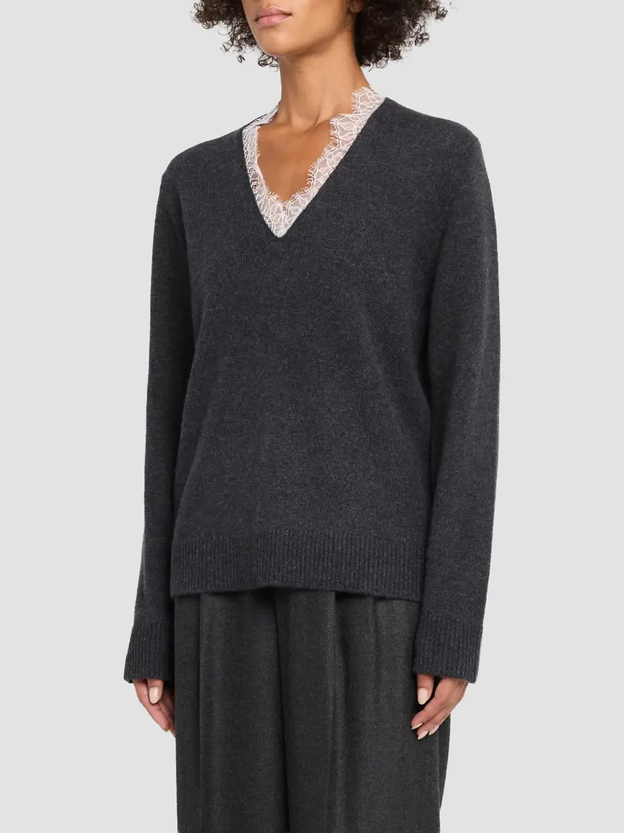 Loulou de Saison Women's Leyla Cashmere Lace-Trim Sweater | Thumbnail 4 Loulou de Saison Women's Leyla Cashmere Lace-Trim Sweater | Thumbnail 4