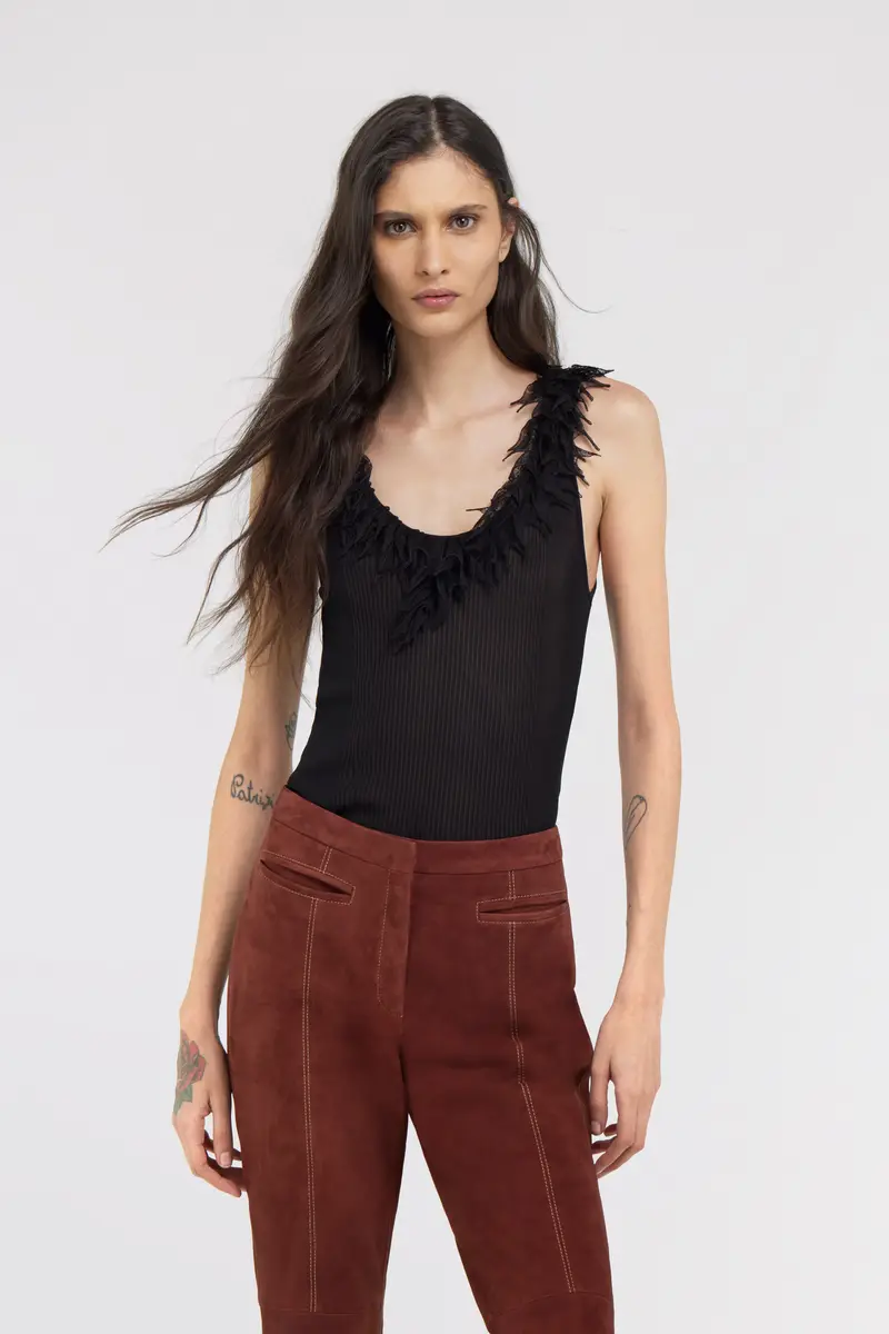 Roberto Cavalli Black Ribbed Knit Top With Frayed Trim | Thumbnail 2 Roberto Cavalli Black Ribbed Knit Top With Frayed Trim | Thumbnail 2