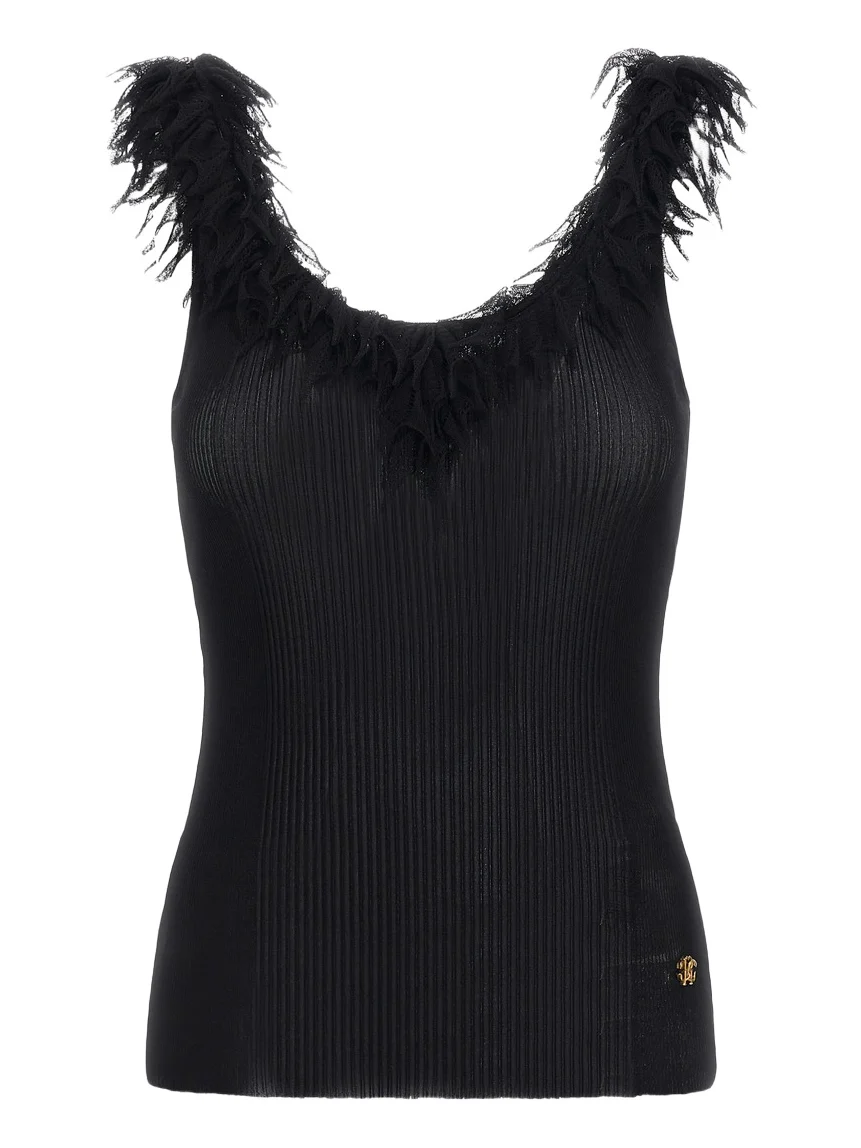 Roberto Cavalli Black Ribbed Knit Top With Frayed Trim