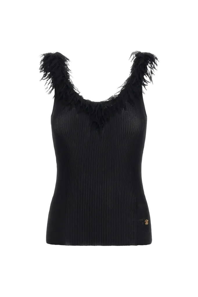 Roberto Cavalli Black Ribbed Knit Top With Frayed Trim