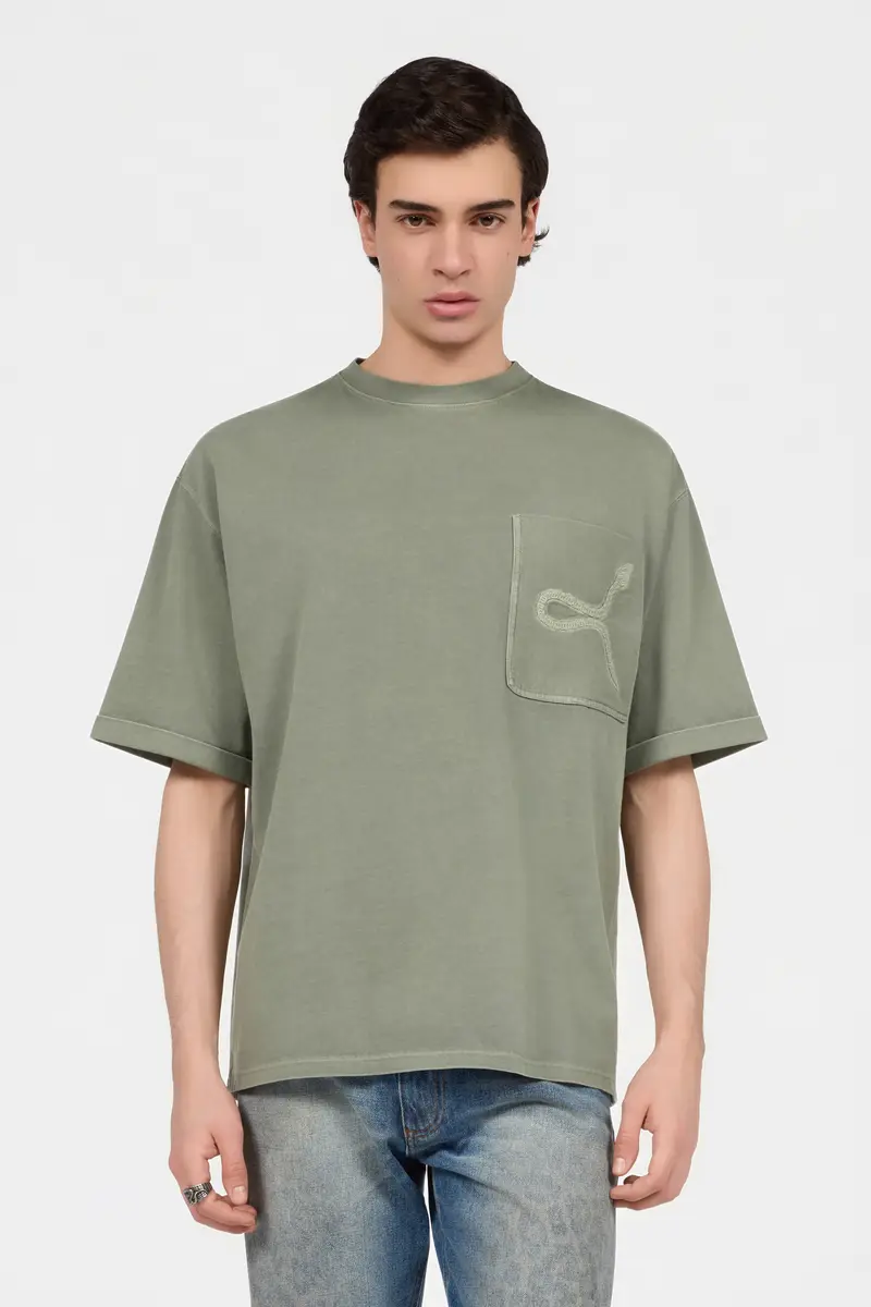 Roberto Cavalli Sage Green T-Shirt With Embroidered Snake | Thumbnail 2 Roberto Cavalli Sage Green T-Shirt With Embroidered Snake | Thumbnail 2