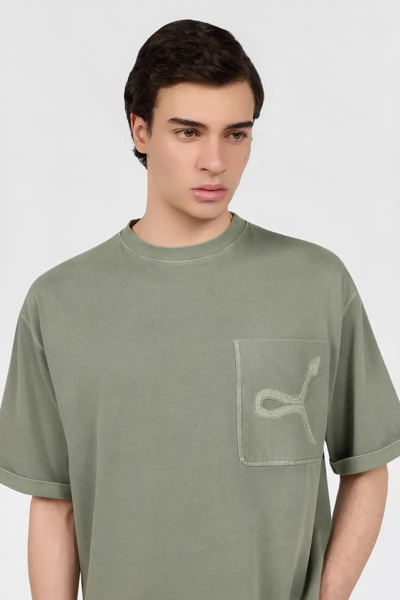 Roberto Cavalli Sage Green T-Shirt With Embroidered Snake | Thumbnail 4 Roberto Cavalli Sage Green T-Shirt With Embroidered Snake | Thumbnail 4