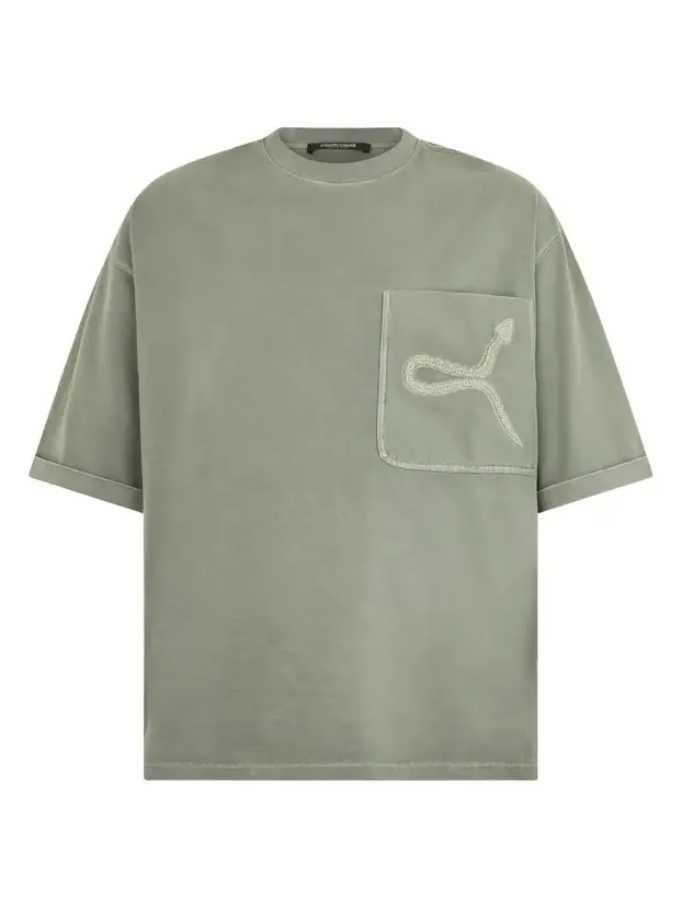 Roberto Cavalli Sage Green T-Shirt With Embroidered Snake