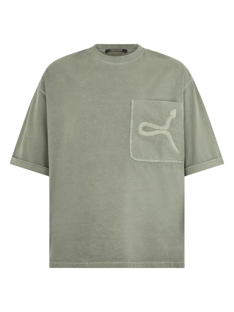Roberto Cavalli Sage Green T-Shirt With Embroidered Snake