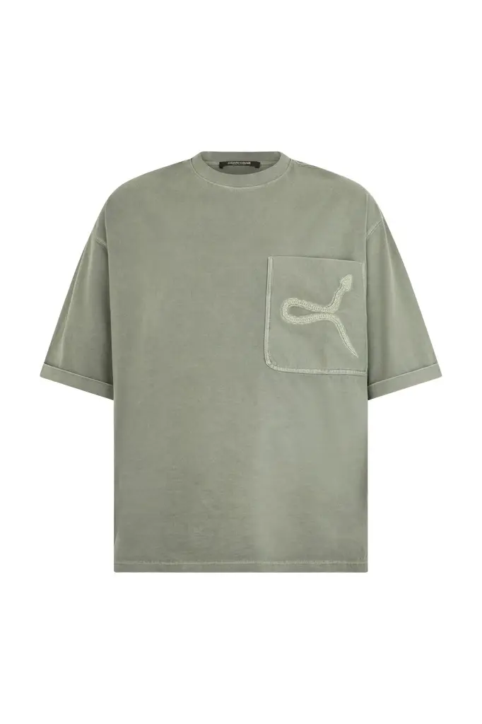 Roberto Cavalli Sage Green T-Shirt With Embroidered Snake