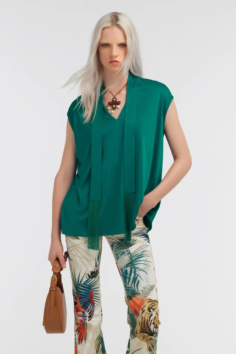 Roberto Cavalli Green Top With Fringed Lavallière | Thumbnail 2 Roberto Cavalli Green Top With Fringed Lavallière | Thumbnail 2