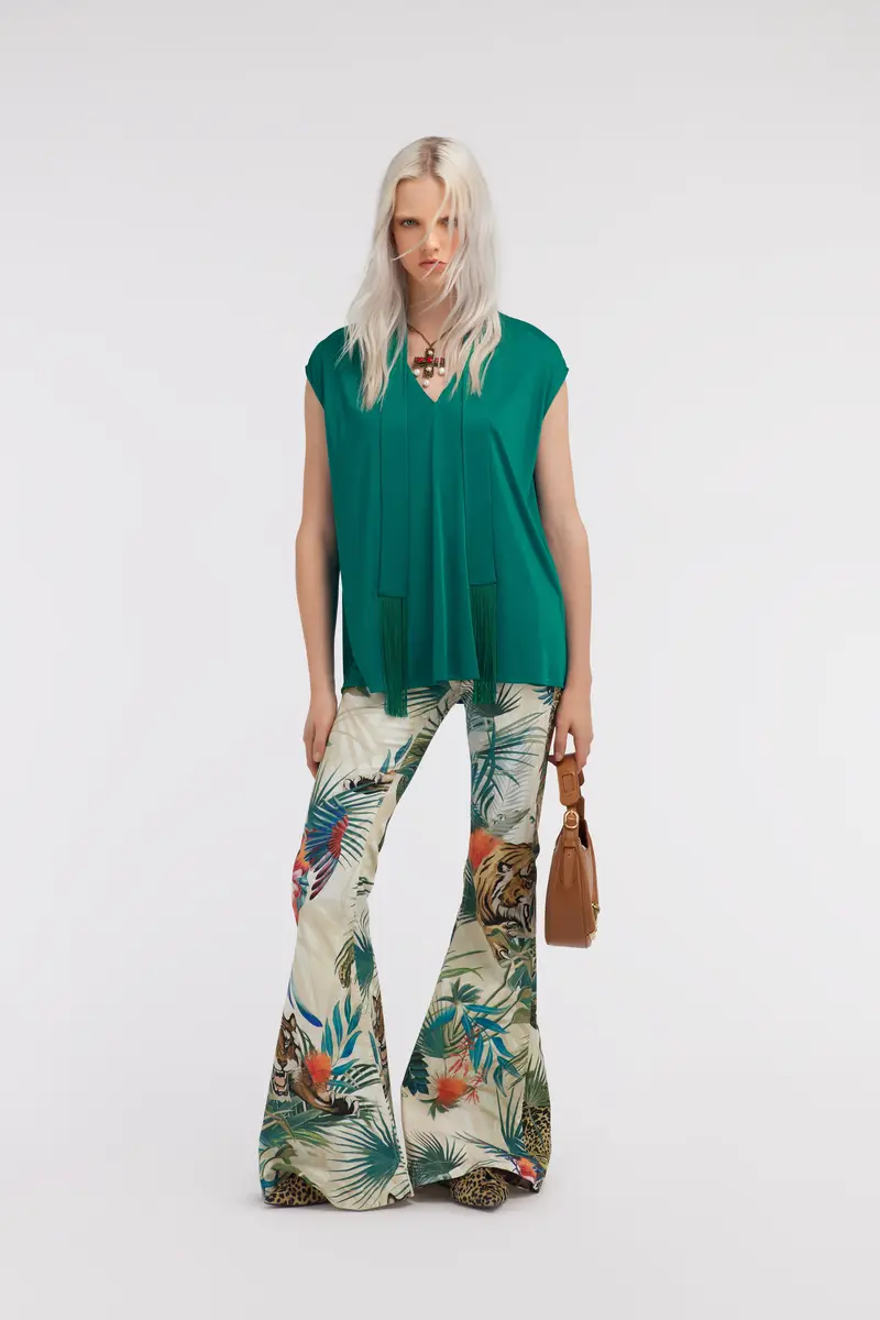 Roberto Cavalli Green Top With Fringed Lavallière | Thumbnail 4 Roberto Cavalli Green Top With Fringed Lavallière | Thumbnail 4