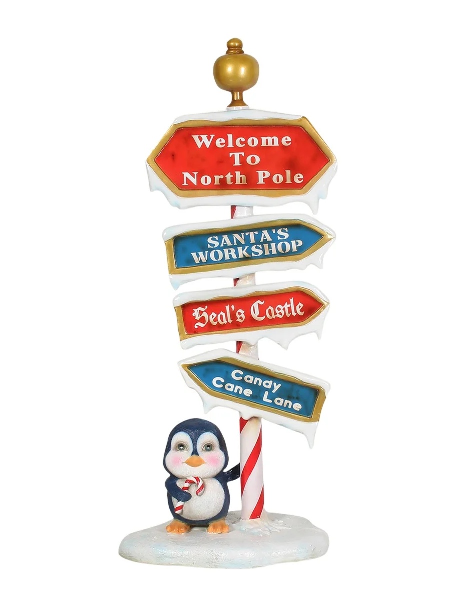 Universal Statues North Pole Sign with Baby Penguin Christmas Decoration