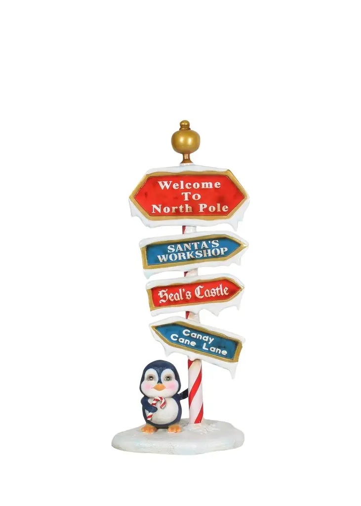 Universal Statues North Pole Sign with Baby Penguin Christmas Decoration