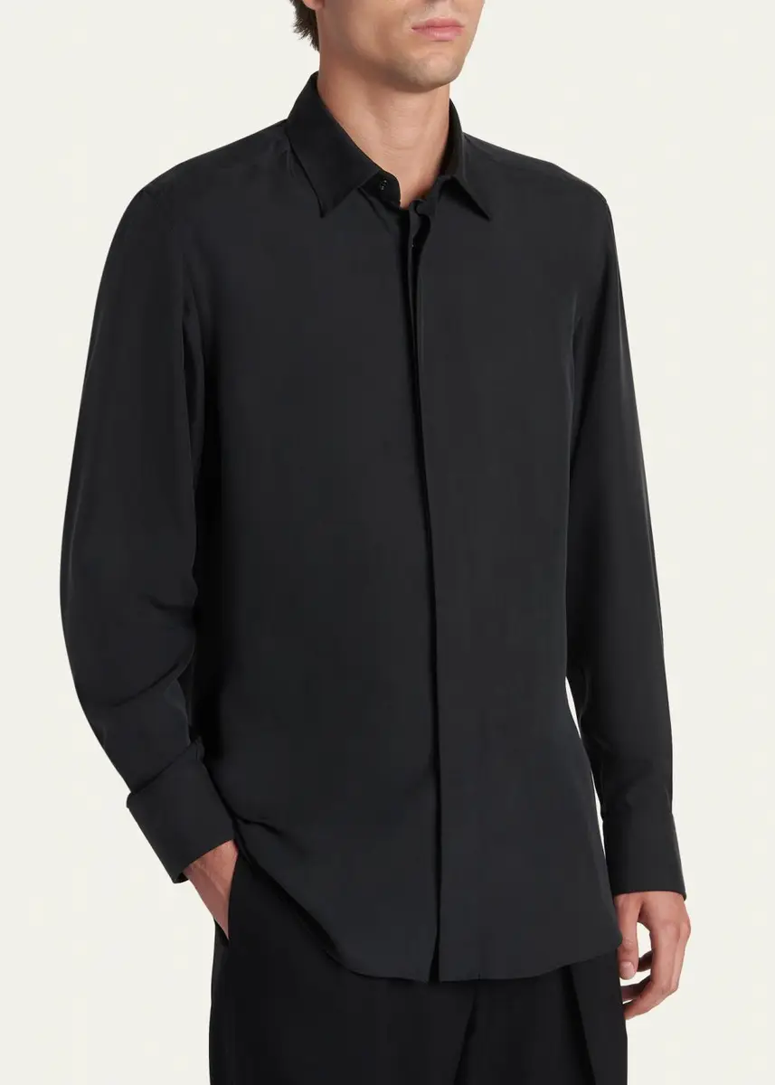 Tom Ford Men's Cupro Twill Concealed-Placket Sport Shirt | Thumbnail 4 Tom Ford Men's Cupro Twill Concealed-Placket Sport Shirt | Thumbnail 4