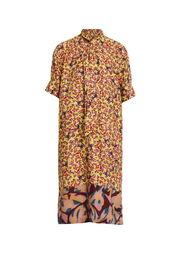 Dalma Marbled Short-Sleeve Neck-Scarf Midi Dress Dalma Marbled Short-Sleeve Neck-Scarf Midi Dress