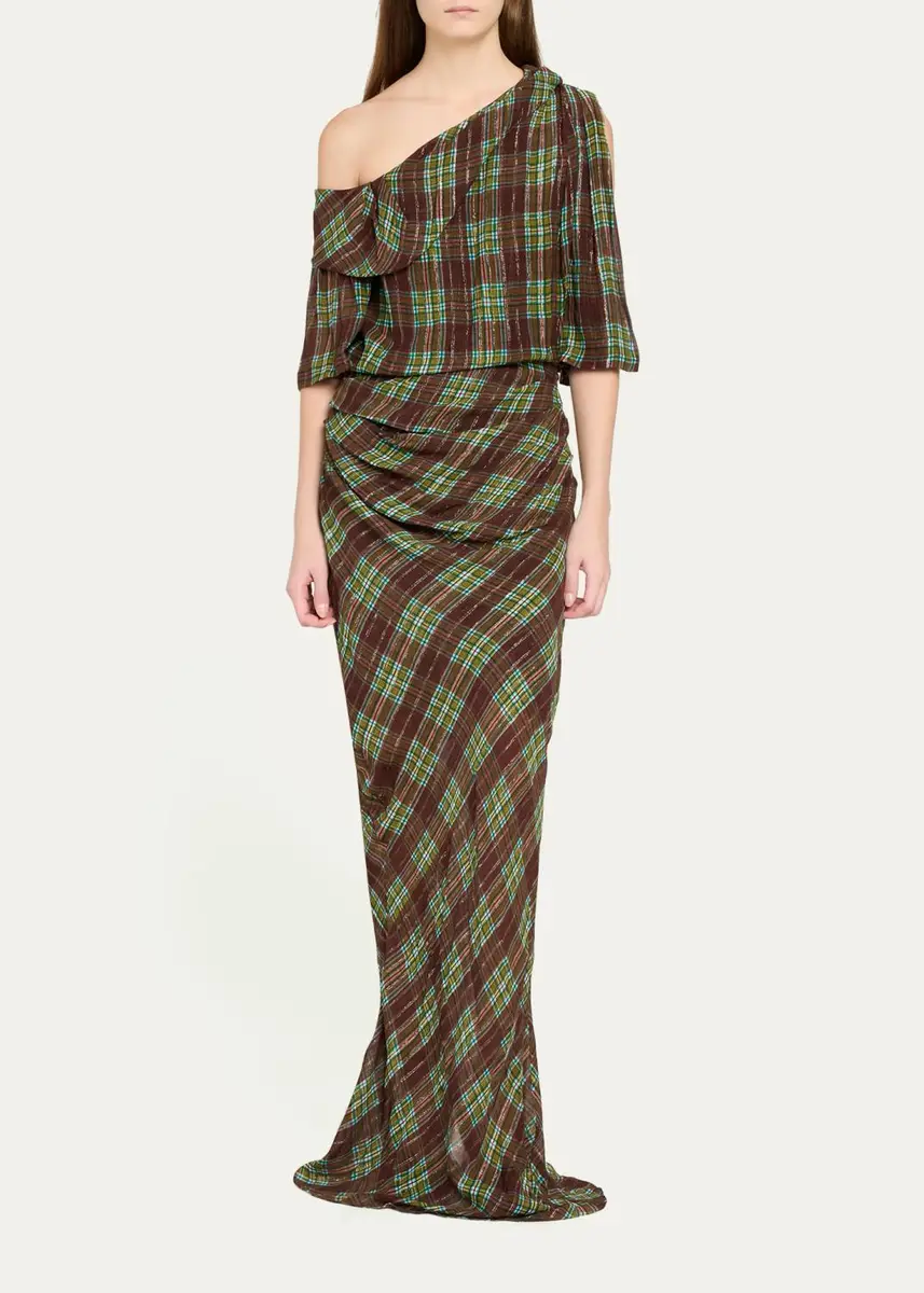 Dries Van Noten Metallic Check De Chine Off-The-Shoulder Gown | Thumbnail 2 Dries Van Noten Metallic Check De Chine Off-The-Shoulder Gown | Thumbnail 2