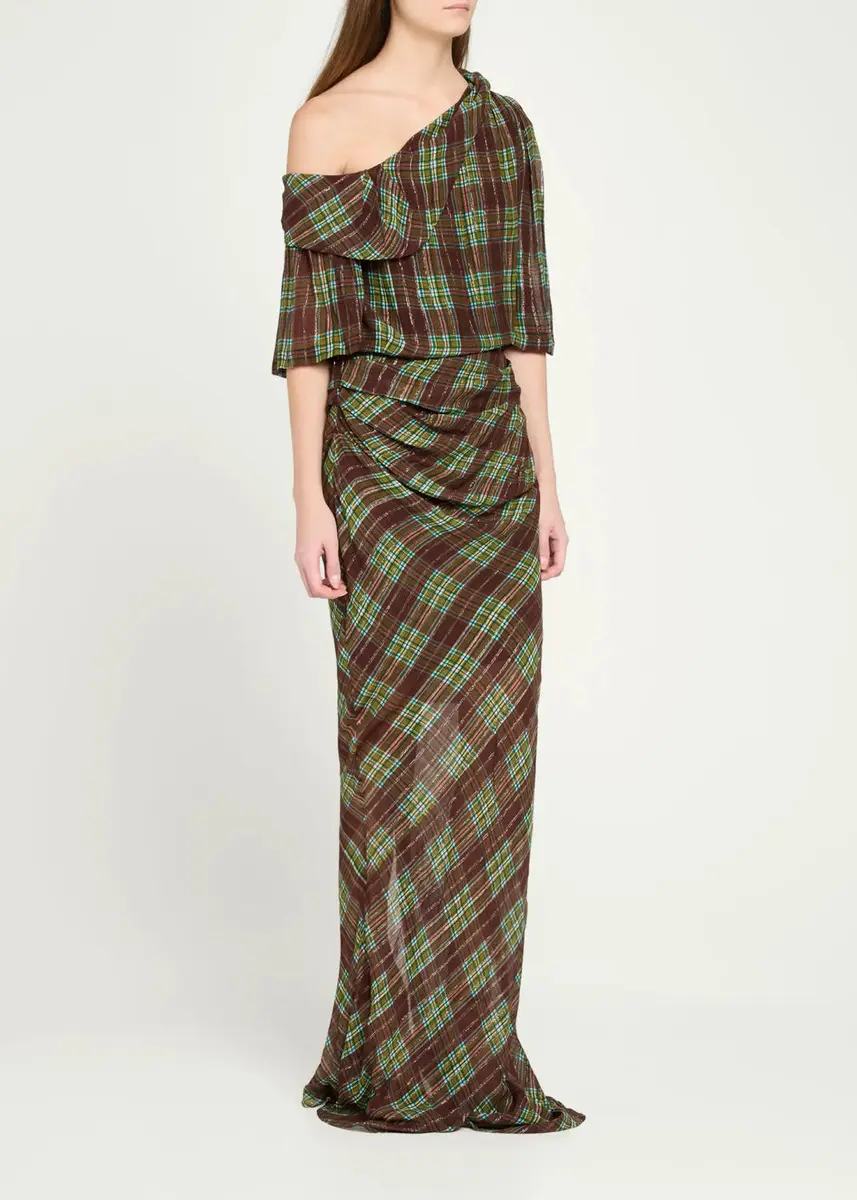 Dries Van Noten Metallic Check De Chine Off-The-Shoulder Gown | Thumbnail 4 Dries Van Noten Metallic Check De Chine Off-The-Shoulder Gown | Thumbnail 4