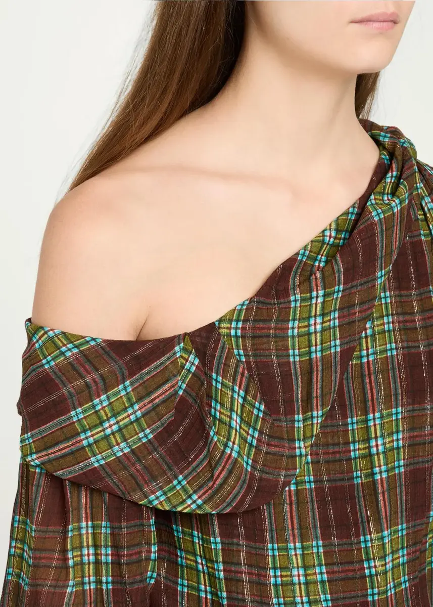 Dries Van Noten Metallic Check De Chine Off-The-Shoulder Gown | Thumbnail 5 Dries Van Noten Metallic Check De Chine Off-The-Shoulder Gown | Thumbnail 5