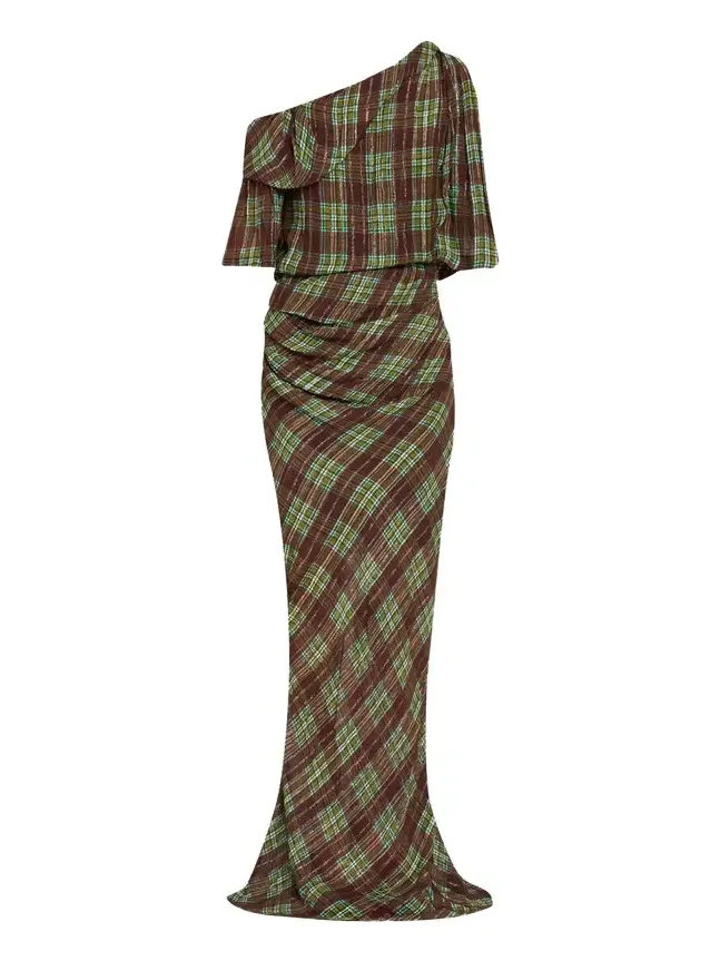 Dries Van Noten Metallic Check De Chine Off-The-Shoulder Gown