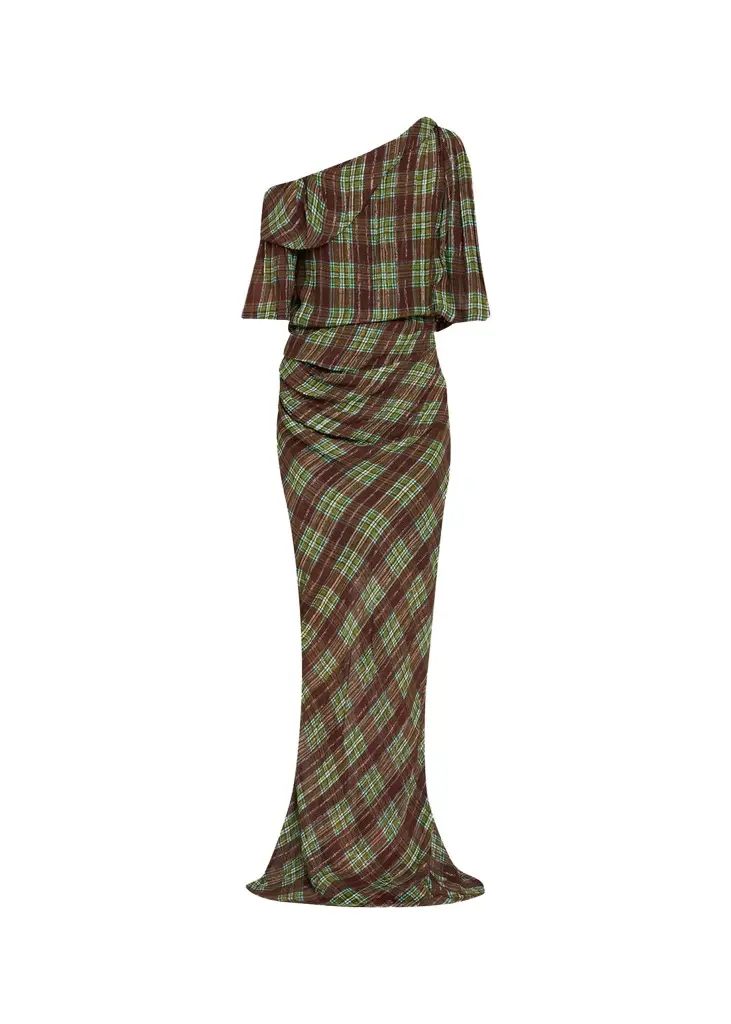 Dries Van Noten Metallic Check De Chine Off-The-Shoulder Gown
