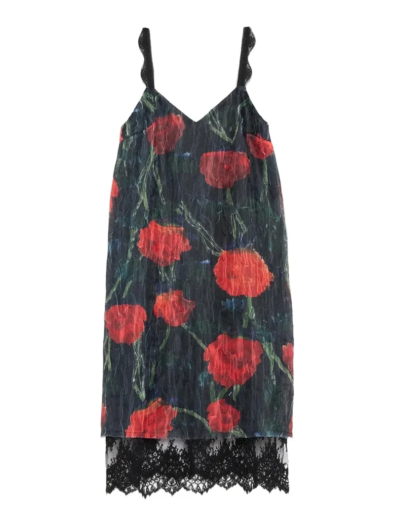 Willy Chavarria Fondo Floral-Print Sleeveless Lace-Trim Midi Slip Dress