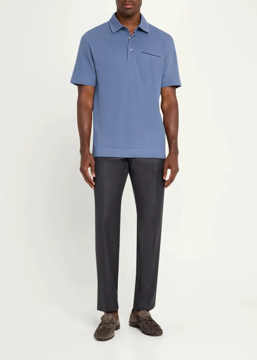 Zegna Men's Cotton Pique Polo Shirt with Leather-Tipped Pocket | Thumbnail 2 Zegna Men's Cotton Pique Polo Shirt with Leather-Tipped Pocket | Thumbnail 2