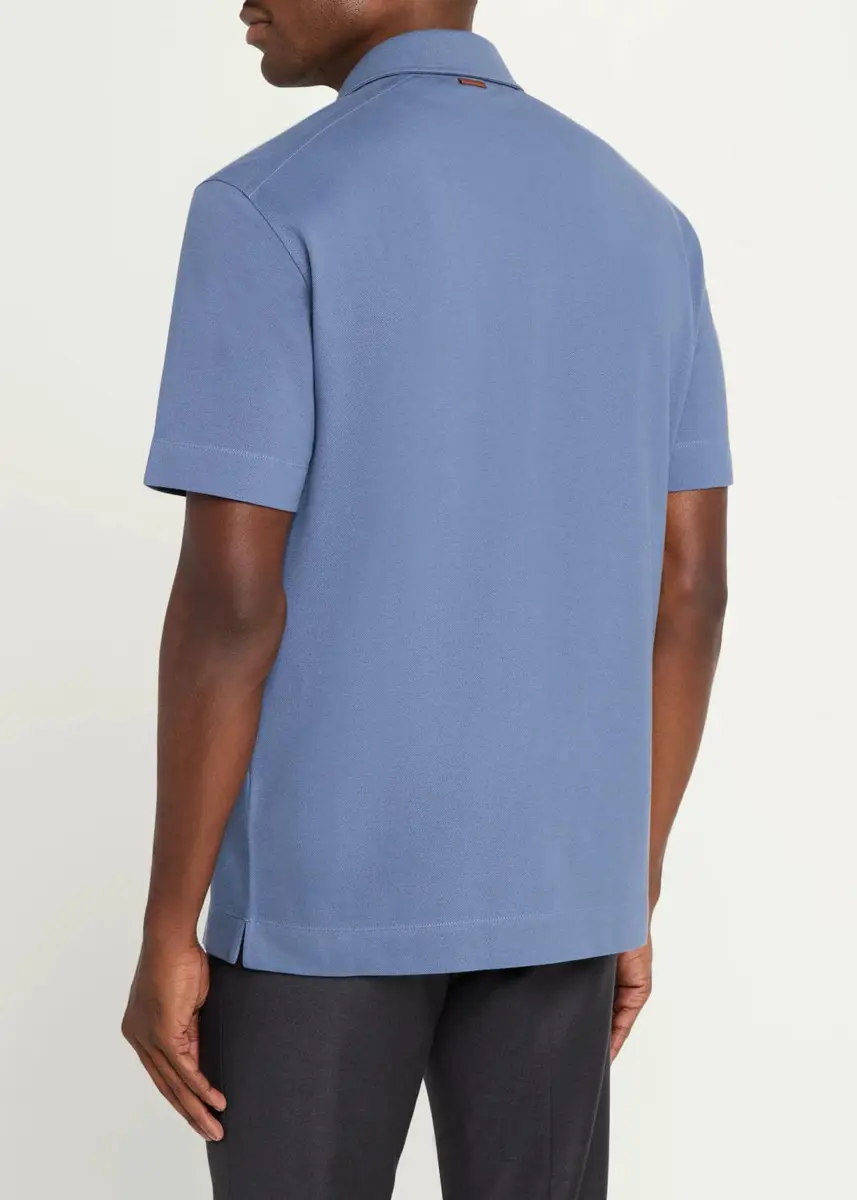 Zegna Men's Cotton Pique Polo Shirt with Leather-Tipped Pocket | Thumbnail 3 Zegna Men's Cotton Pique Polo Shirt with Leather-Tipped Pocket | Thumbnail 3