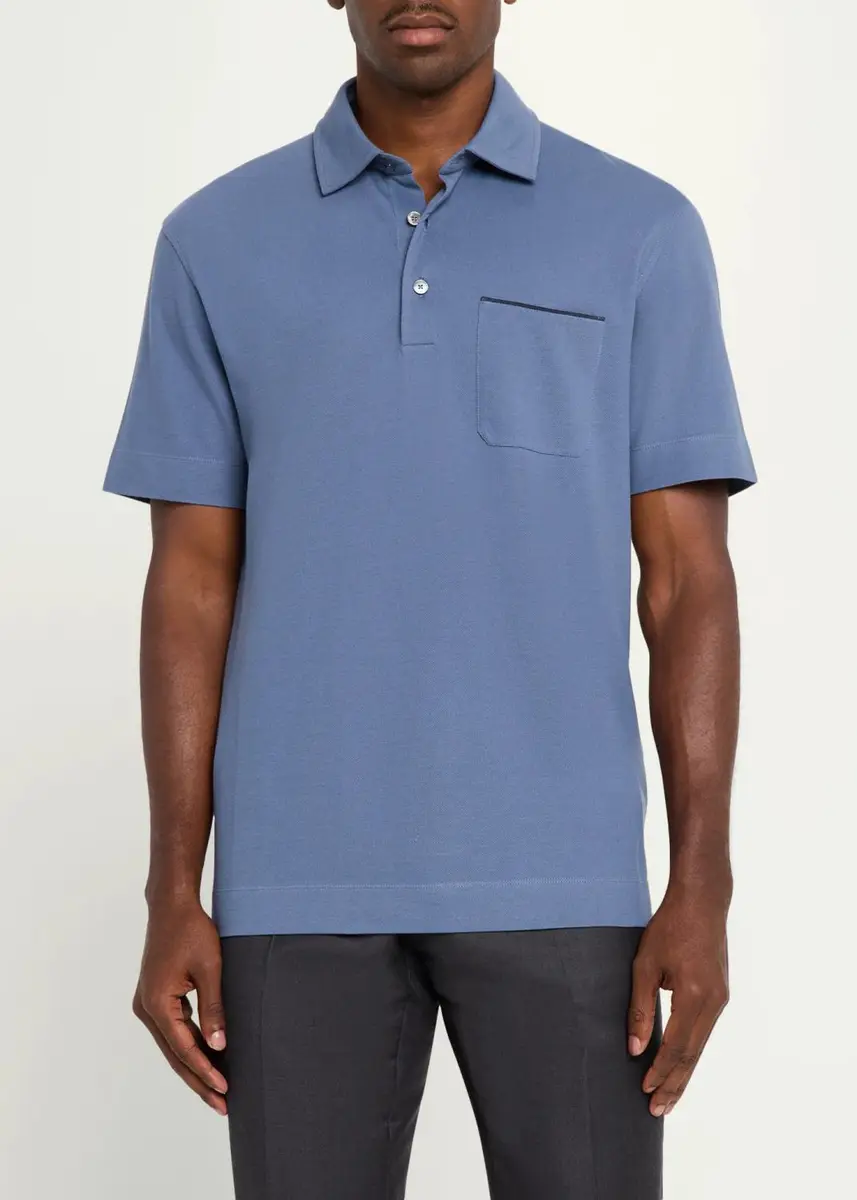 Zegna Men's Cotton Pique Polo Shirt with Leather-Tipped Pocket | Thumbnail 4 Zegna Men's Cotton Pique Polo Shirt with Leather-Tipped Pocket | Thumbnail 4