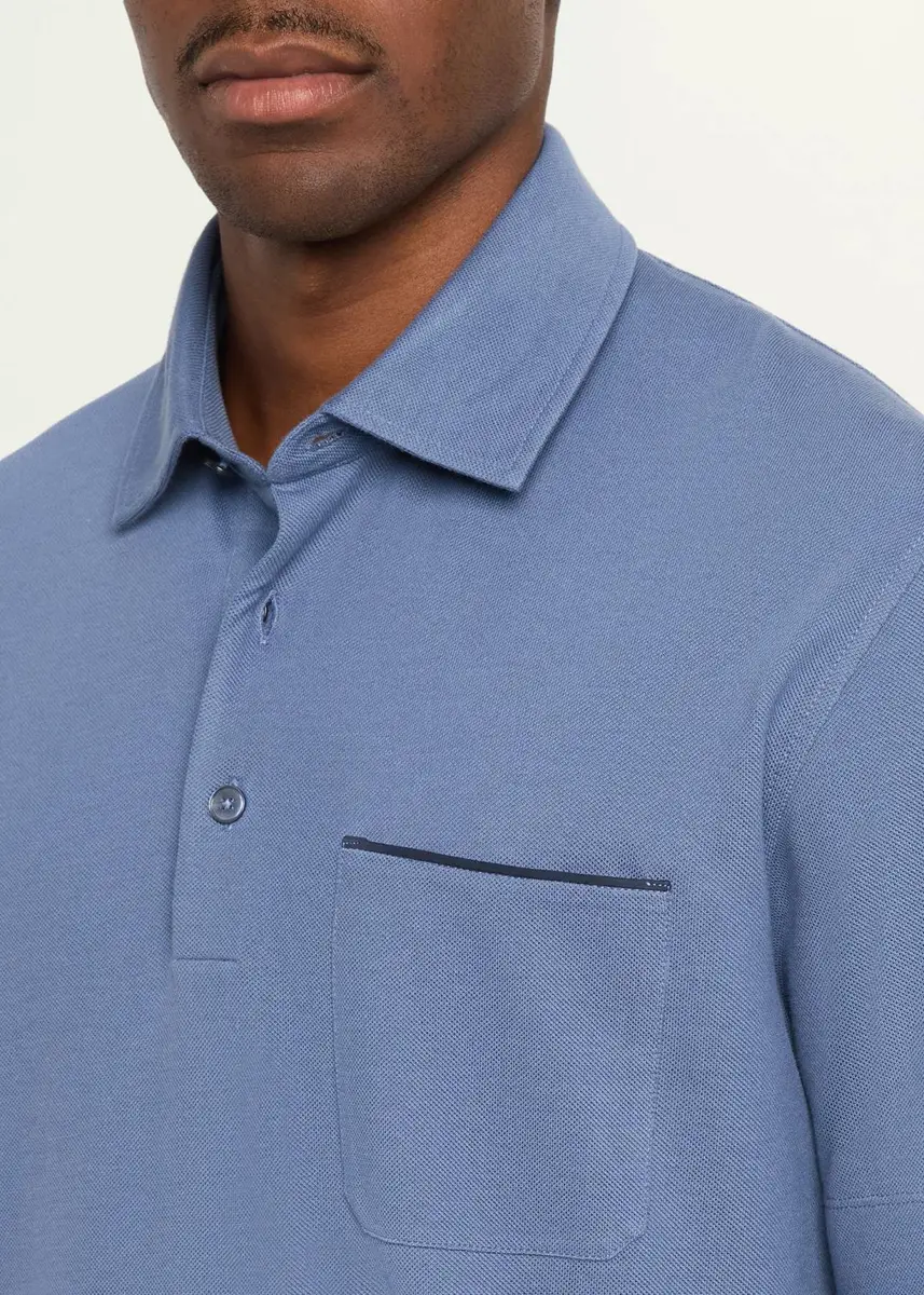 Zegna Men's Cotton Pique Polo Shirt with Leather-Tipped Pocket | Thumbnail 5 Zegna Men's Cotton Pique Polo Shirt with Leather-Tipped Pocket | Thumbnail 5