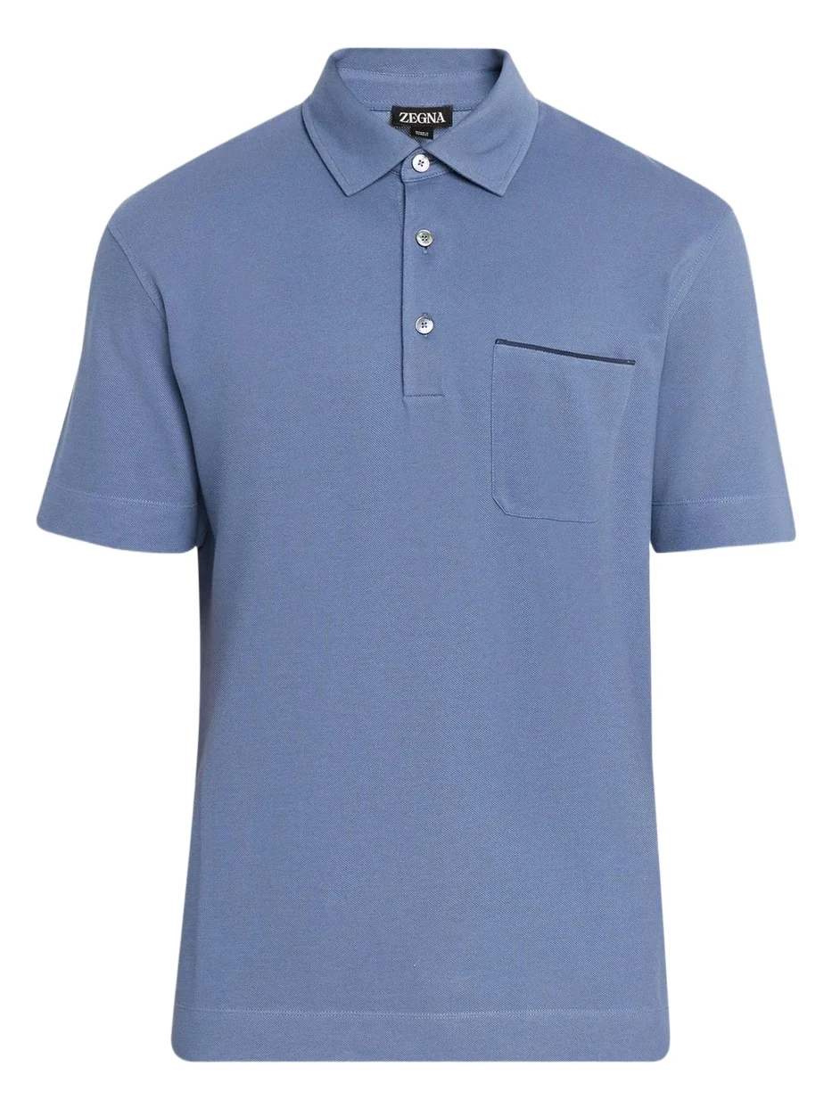 Zegna Men's Cotton Pique Polo Shirt with Leather-Tipped Pocket