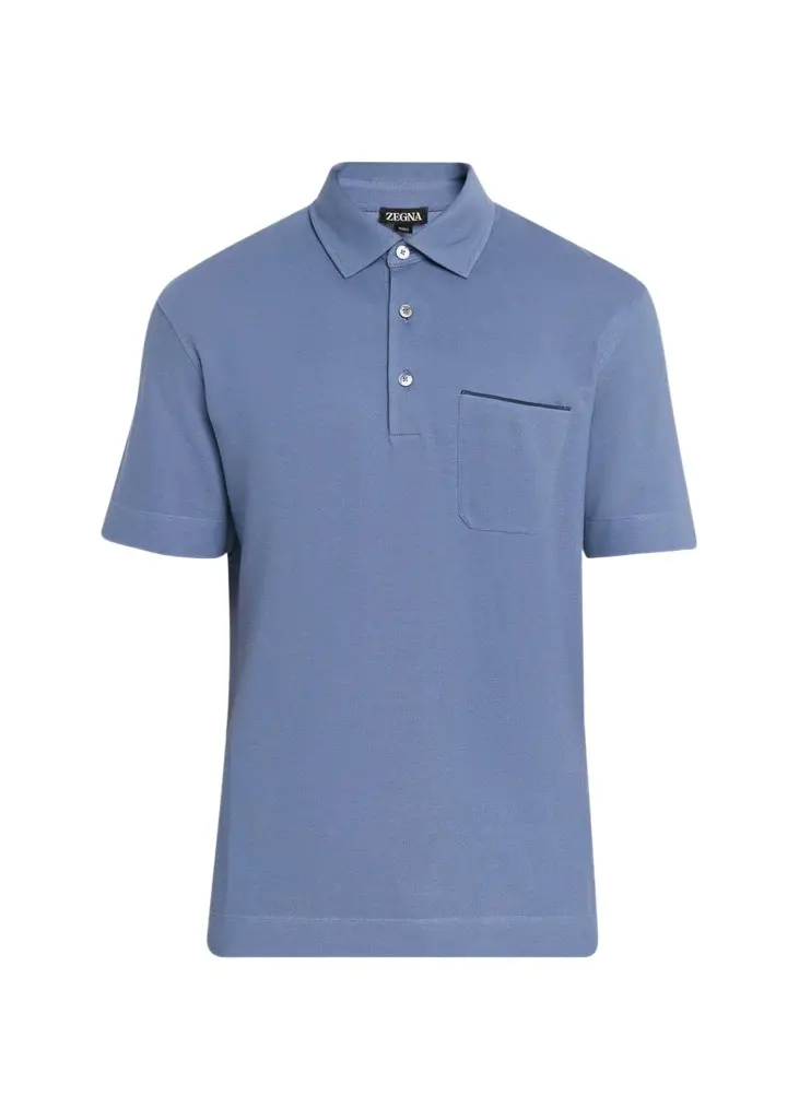 Zegna Men's Cotton Pique Polo Shirt with Leather-Tipped Pocket