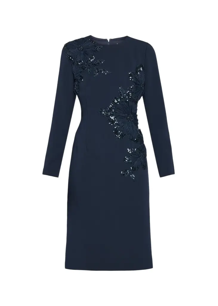 Rickie Freeman for Teri Jon Sequin Floral Applique Crepe Dress