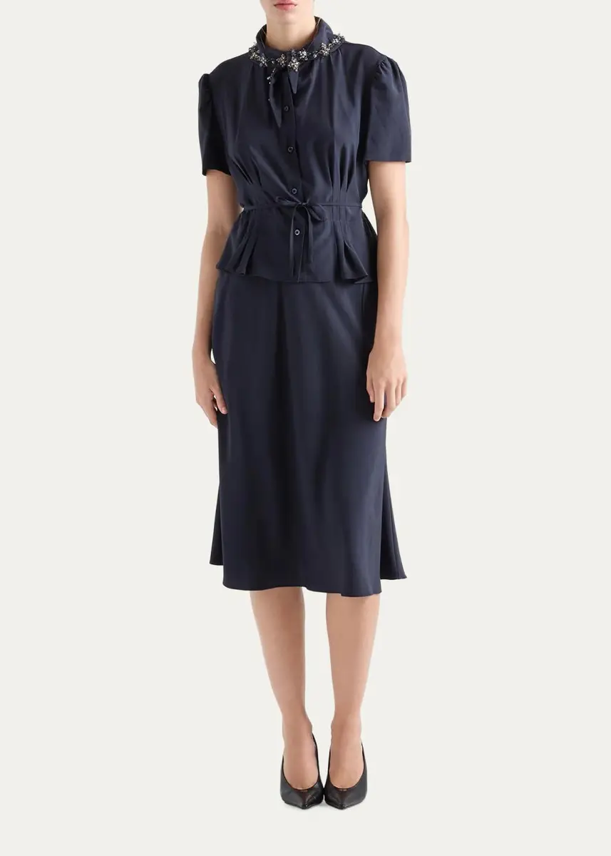Prada Embellished Scarf-Neck Short-Sleeve Peplum Midi Dress | Thumbnail 2 Prada Embellished Scarf-Neck Short-Sleeve Peplum Midi Dress | Thumbnail 2