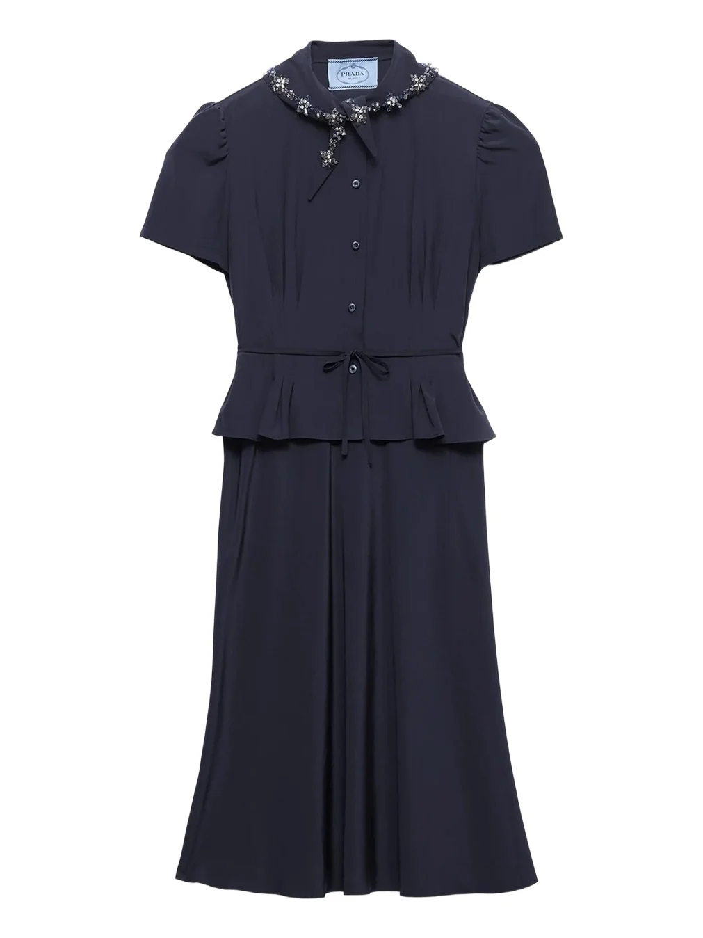 Prada Embellished Scarf-Neck Short-Sleeve Peplum Midi Dress