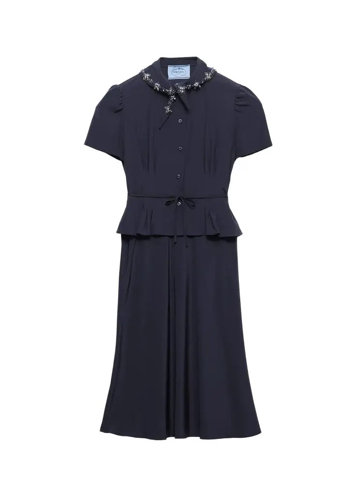 Embellished Scarf-Neck Short-Sleeve Peplum Midi Dress