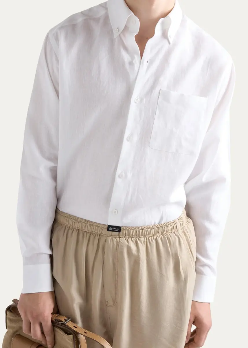 Prada Men's Linen Button-Front Shirt | Thumbnail 4 Prada Men's Linen Button-Front Shirt | Thumbnail 4