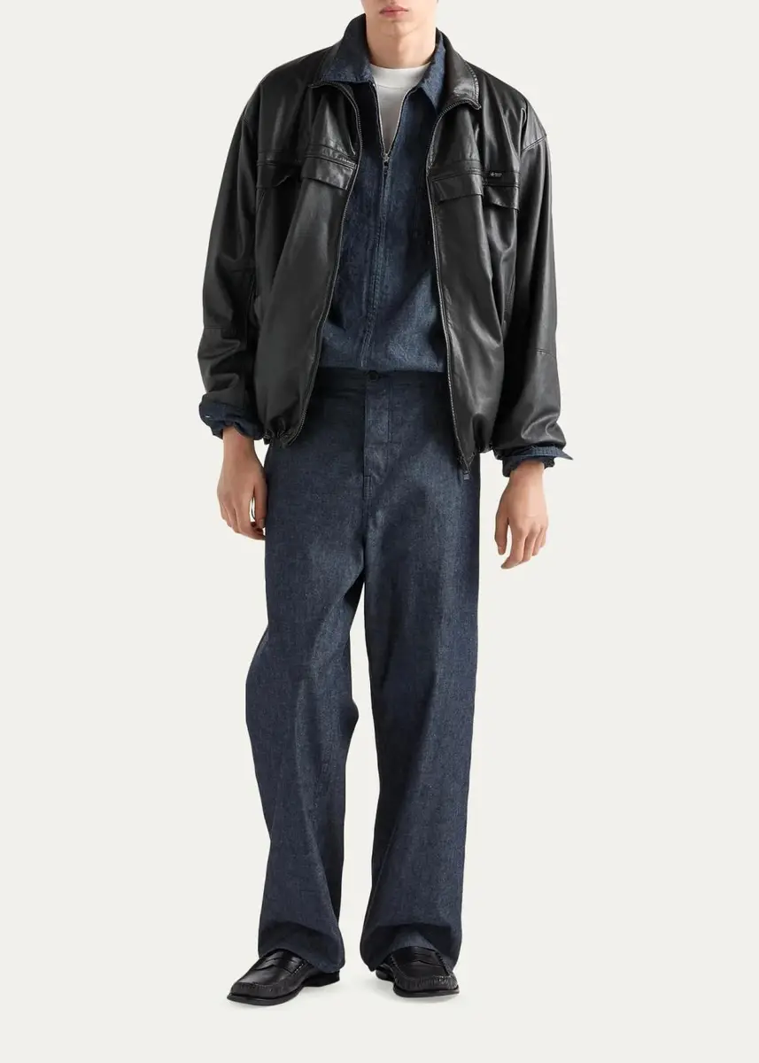 Prada Men's Washed Chambray Zip-Front Shirt | Thumbnail 2 Prada Men's Washed Chambray Zip-Front Shirt | Thumbnail 2