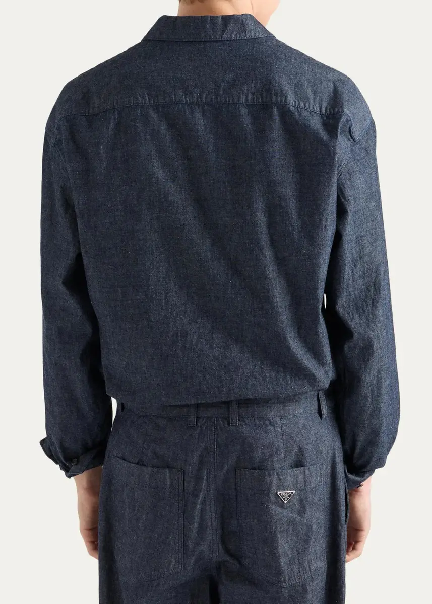 Prada Men's Washed Chambray Zip-Front Shirt | Thumbnail 3 Prada Men's Washed Chambray Zip-Front Shirt | Thumbnail 3