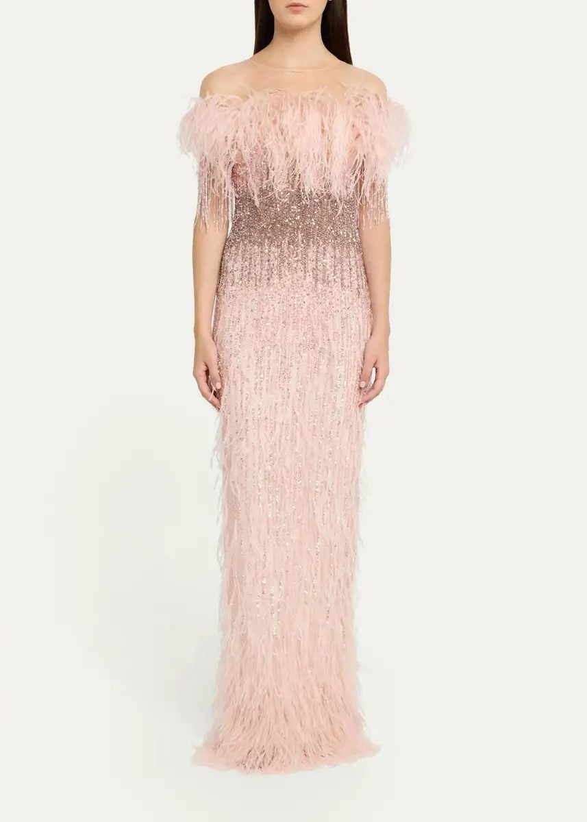 PAMELLA ROLAND Feather Beaded Off-The-Shoulder Illusion Column Gown | Thumbnail 2 PAMELLA ROLAND Feather Beaded Off-The-Shoulder Illusion Column Gown | Thumbnail 2