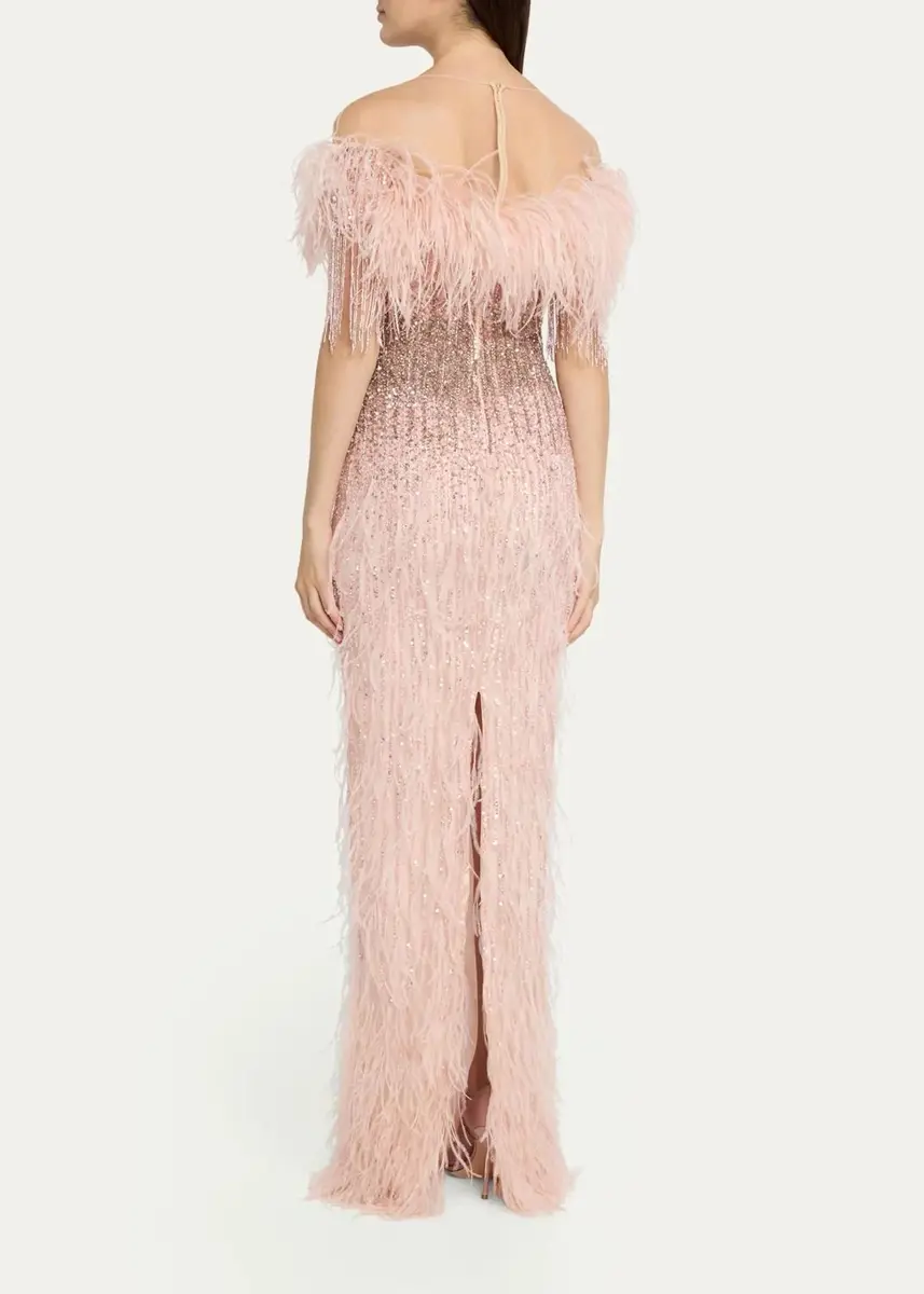 PAMELLA ROLAND Feather Beaded Off-The-Shoulder Illusion Column Gown | Thumbnail 3 PAMELLA ROLAND Feather Beaded Off-The-Shoulder Illusion Column Gown | Thumbnail 3