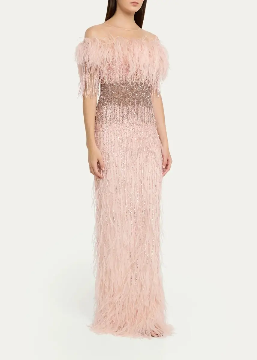 PAMELLA ROLAND Feather Beaded Off-The-Shoulder Illusion Column Gown | Thumbnail 4 PAMELLA ROLAND Feather Beaded Off-The-Shoulder Illusion Column Gown | Thumbnail 4