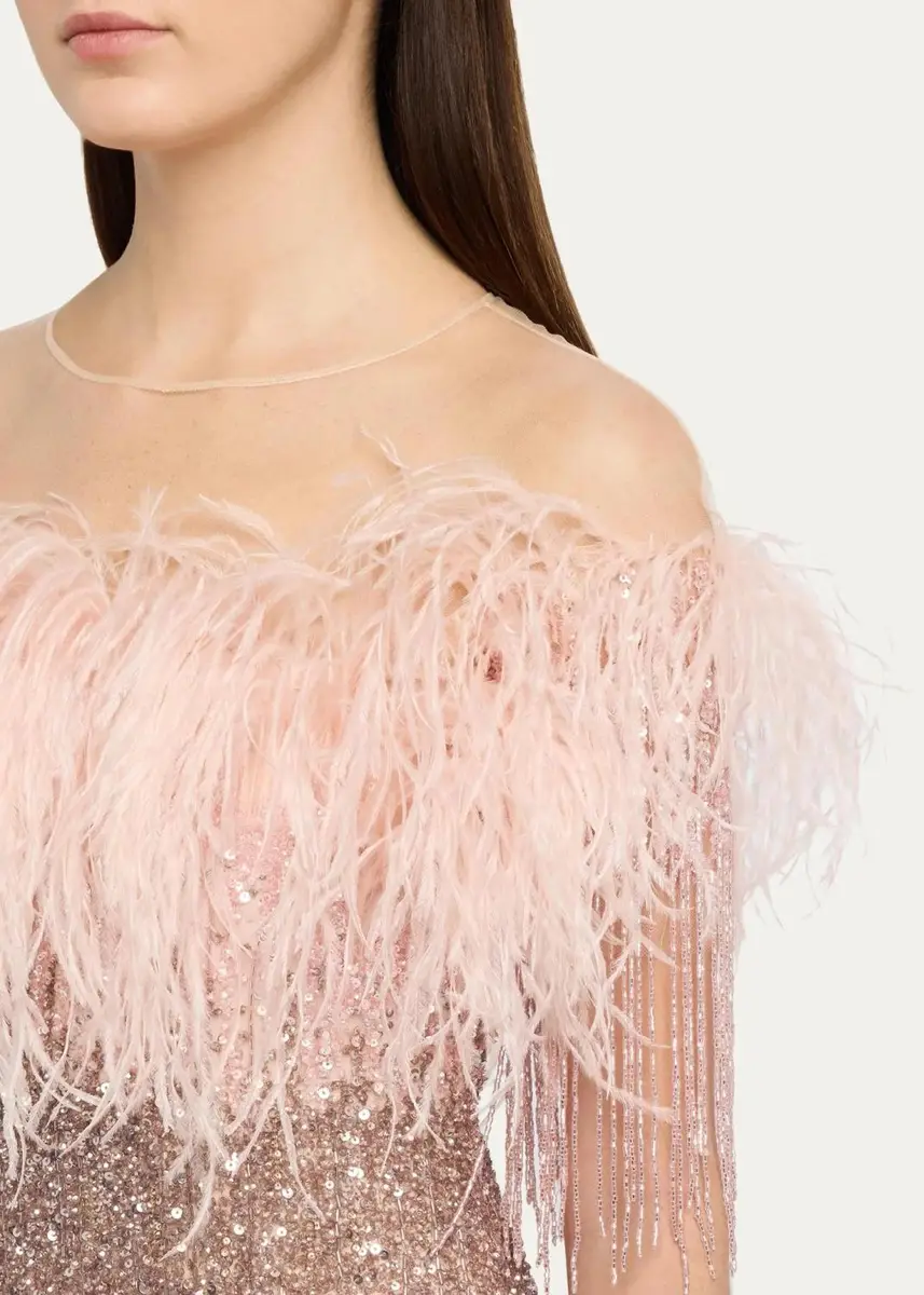 PAMELLA ROLAND Feather Beaded Off-The-Shoulder Illusion Column Gown | Thumbnail 5 PAMELLA ROLAND Feather Beaded Off-The-Shoulder Illusion Column Gown | Thumbnail 5