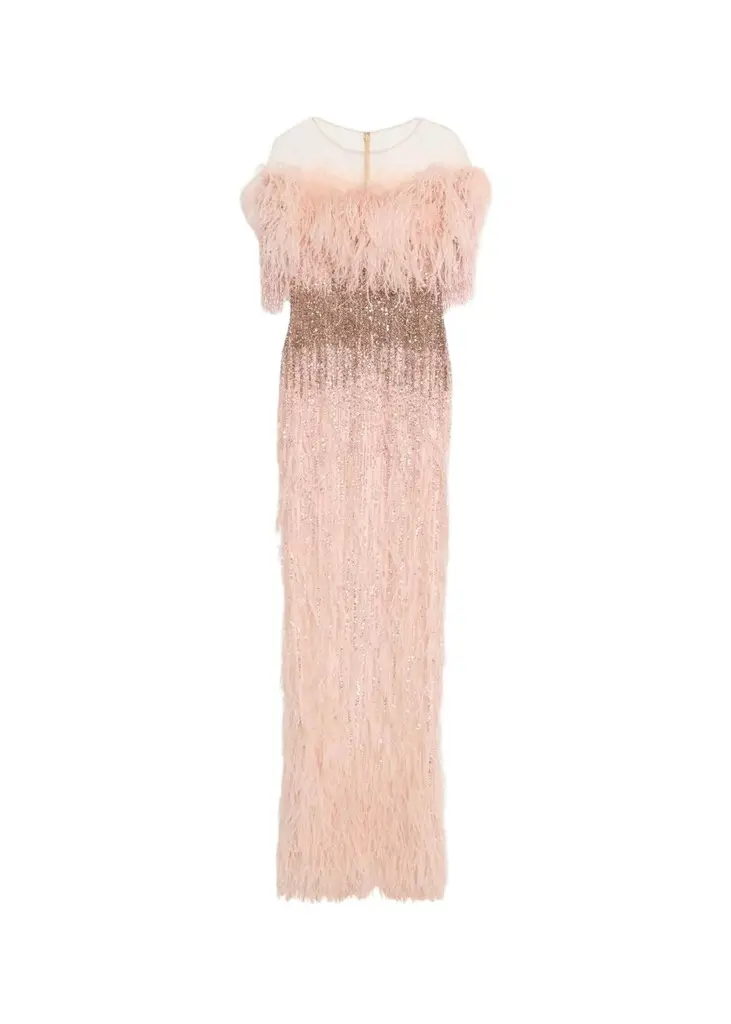 Feather Beaded Off-The-Shoulder Illusion Column Gown