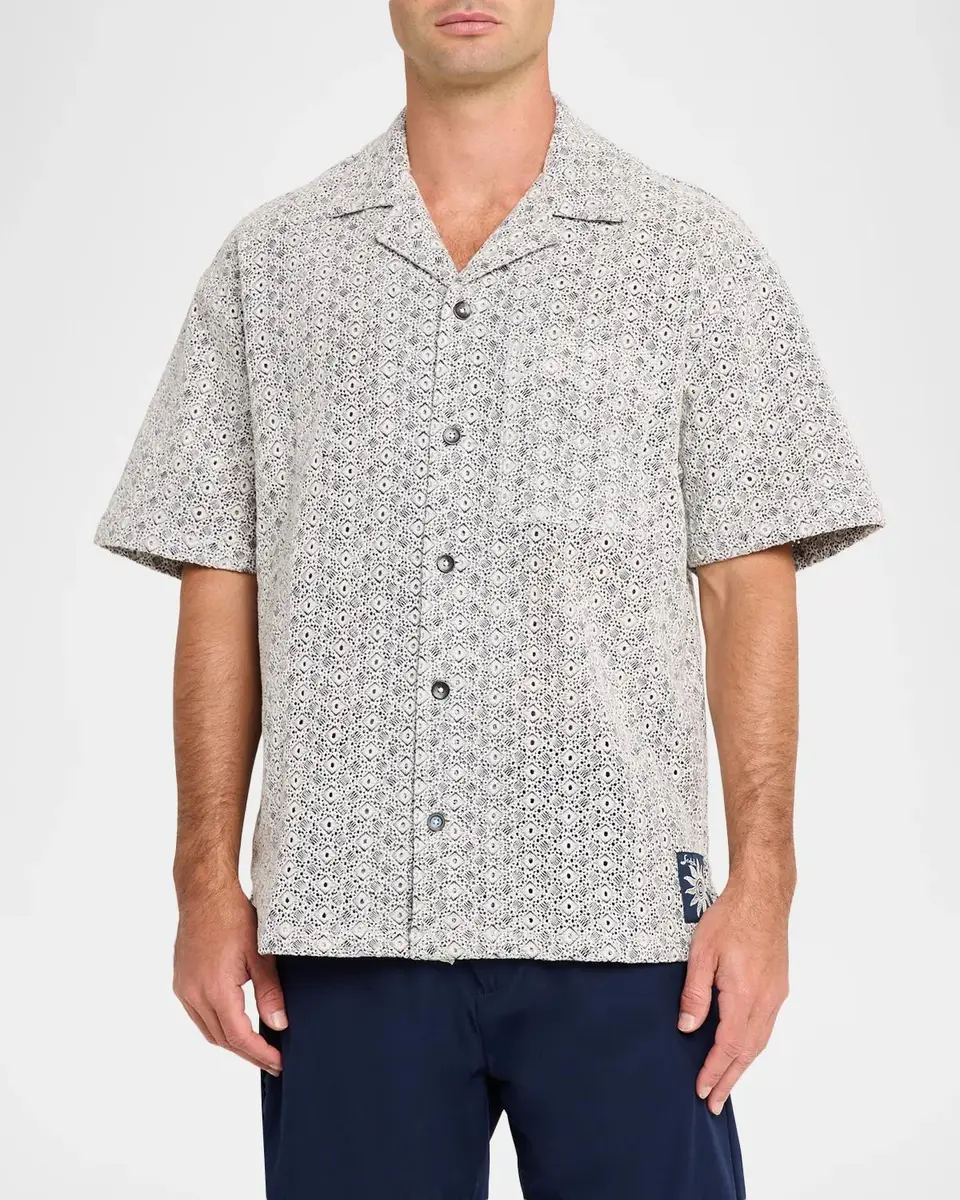 Scotch & Soda Men's Geometric-Embroidered Cotton Camp Shirt | Thumbnail 4 Scotch & Soda Men's Geometric-Embroidered Cotton Camp Shirt | Thumbnail 4