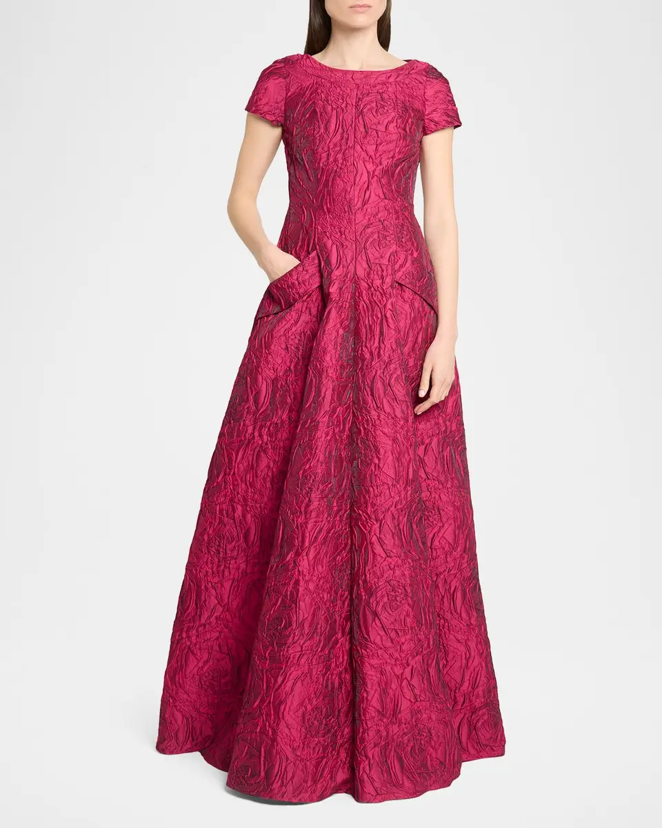 Talbot Runhof Poiret Rose Jacquard Short-Sleeve Ball Gown | Thumbnail 2 Talbot Runhof Poiret Rose Jacquard Short-Sleeve Ball Gown | Thumbnail 2