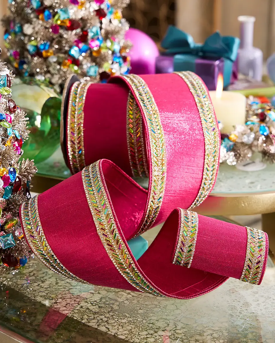 D. Stevens Iris Crystal-Embellished Metallic Dupion Ribbon, 4" x 5 Yards