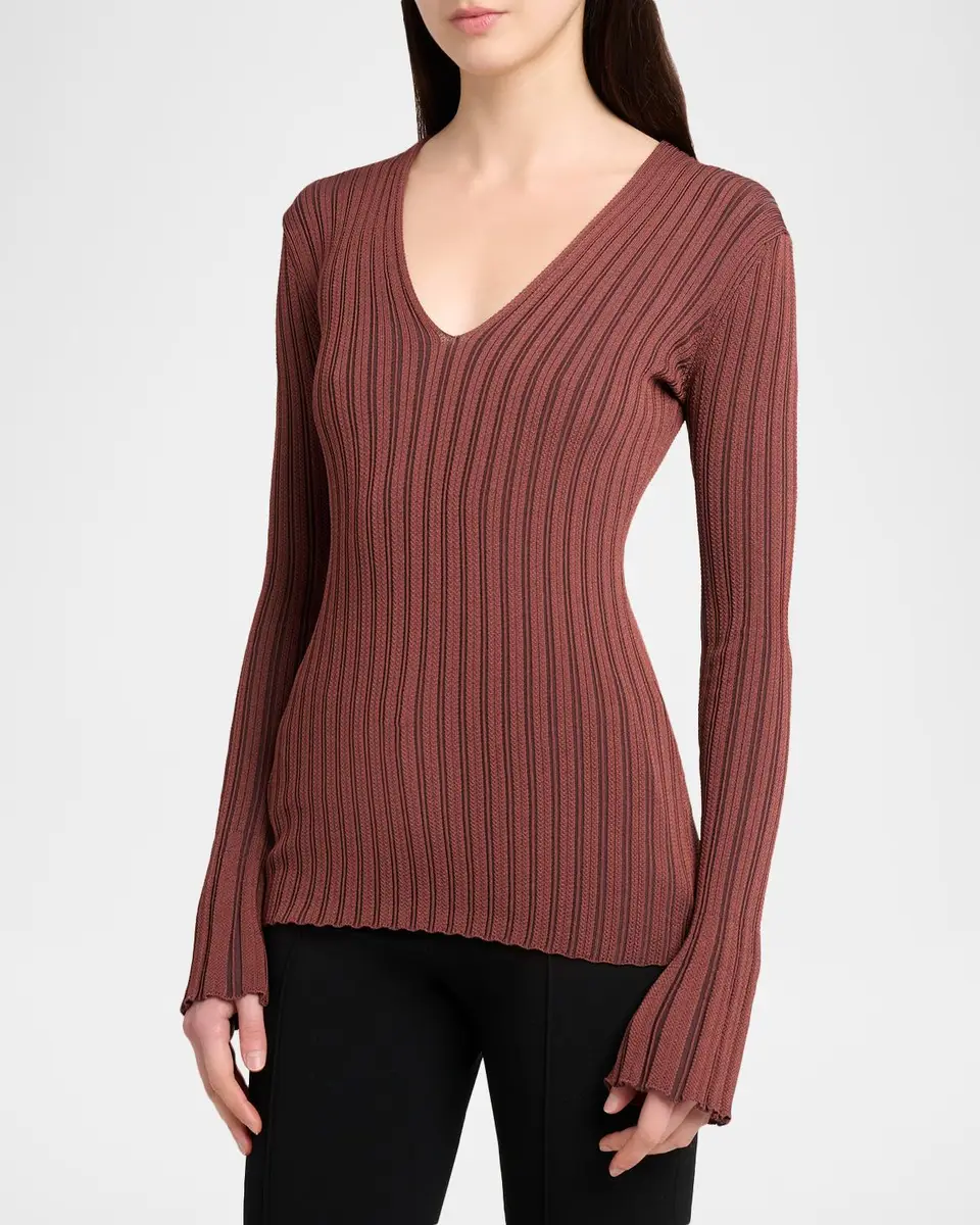 Proenza Schouler Roux V-Neck Silk-Blend Rib Long-Sleeve Top | Thumbnail 4